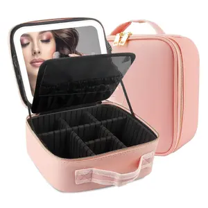 Makeup Train Case with Light & Mirror Large Cosmetic Organizer with Adjustable Dividers for Cosmetics,10X Magnifying Makeup Mirror,Pink