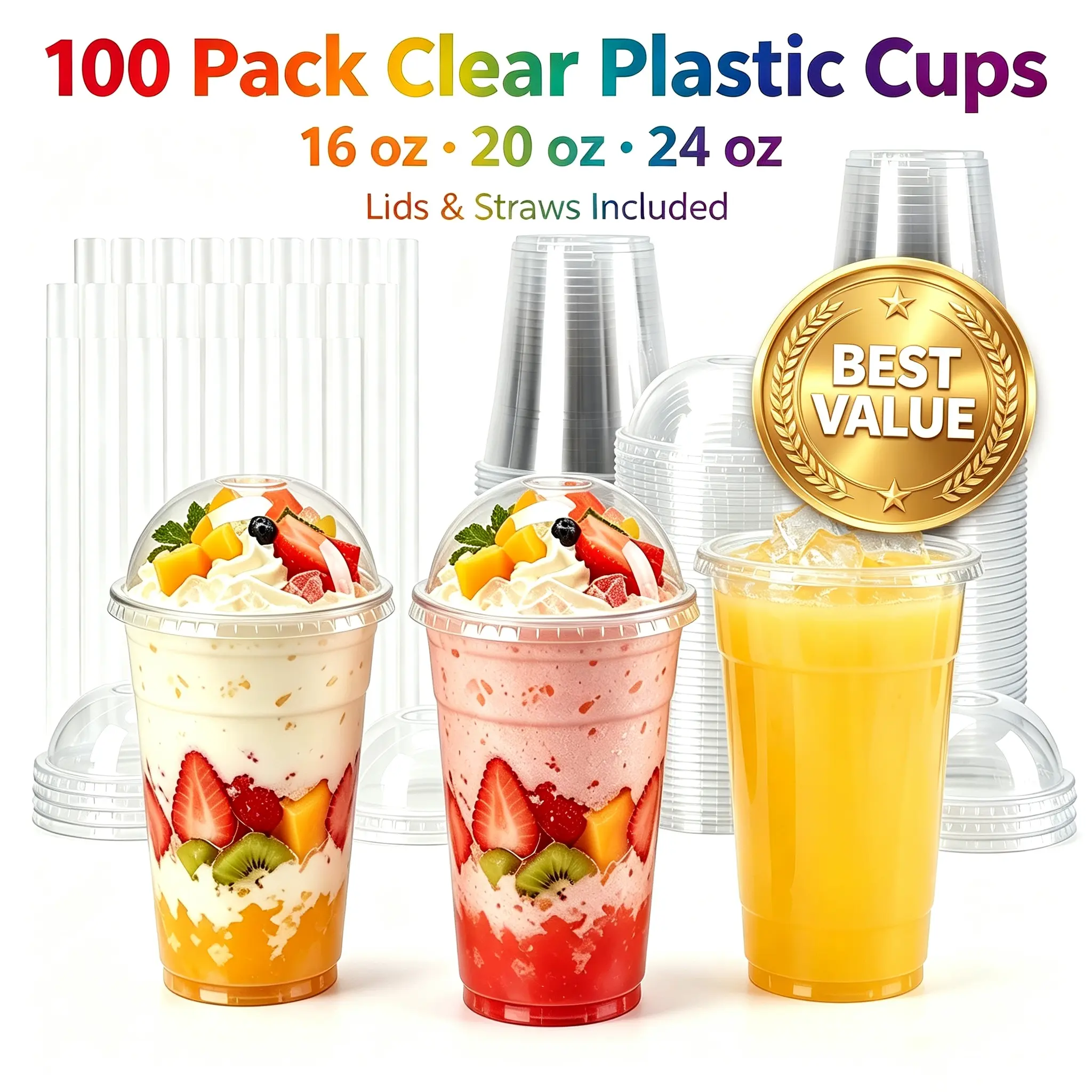 50-100 Pack 16oz/20oz/24oz Clear PET Disposable Cups With Dome Lids & Straws, Ideal For Iced Coffee, Smoothies, Boba Tea, Lemonade & Milk Foam Iced Milk Tea,Summer party cups#tiktokshopsummersale