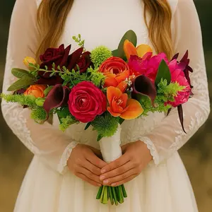 Bold Tropical Wedding Bouquet Artificial Flowers Vibrant Red Orange & Green Design for Special Occasions 15”w 10”d 13”tall