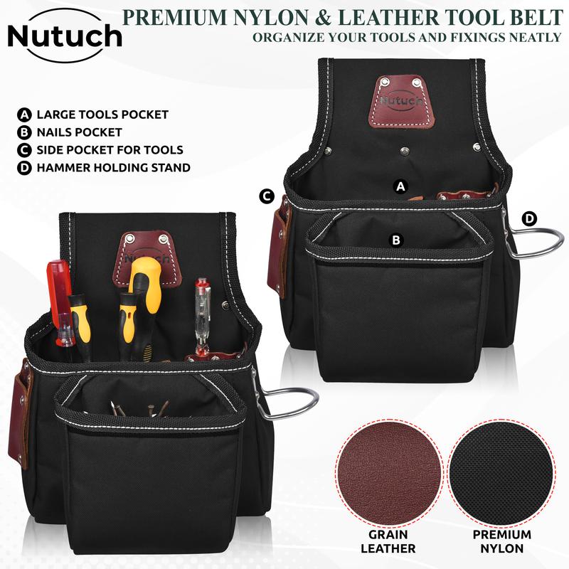 NUTUCH Black Heavy Duty Nylon and Leather Tool Belt for Carpenters and Electricians