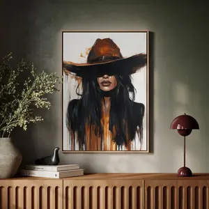 Modern Cowgirl Portrait Art Print - Contemporary Western Woman Drip Painting Wall Decor Canvas l KoolyDesign