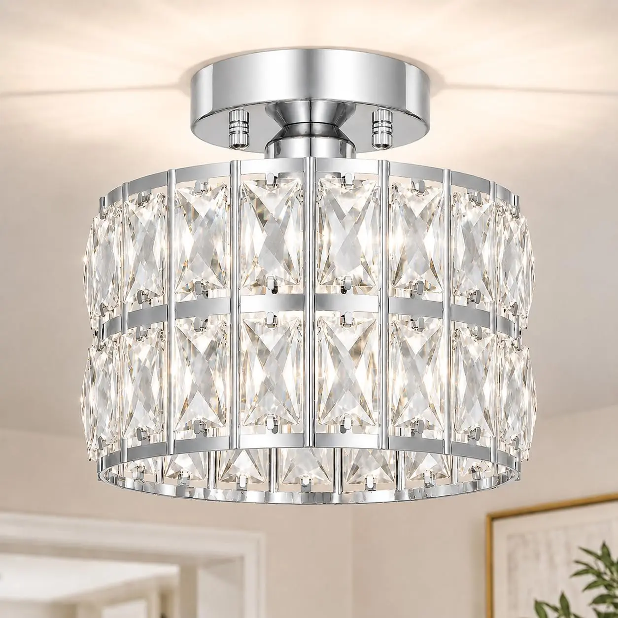 Modern 1-Light Crystal Semi-Flush Mount Ceiling Light Fixture, 8.8 in Round Indoor Lighting for Kitchen, Entryway