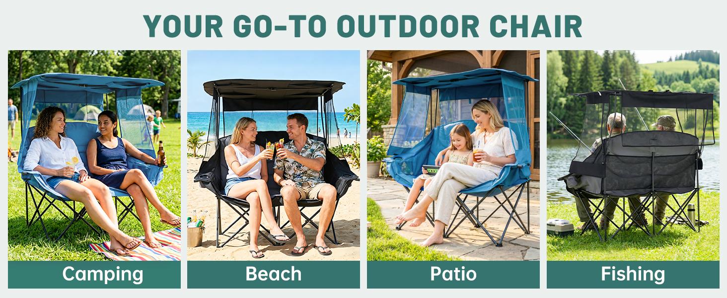 MOPHOTO XXL Double Camping Chair with Shade Canopy, Fully Padded Folding Camping Loveseat , Oversized Camping Bench Lawn Chairs Patio Lounge Chairs for Adults