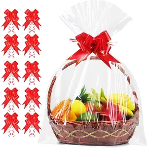 10 count  Cellophane Wrap for  Baskets, 35x55 Inch Clear Cellophane Bags with 10 Red Bows, 3 Mil Thicker Cellophane  Bags for  Basket Wrap,  Giving