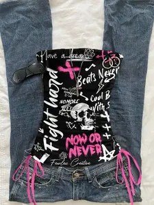 Eraik Attitoon Women's Casual Drawstring Tie-Front Cropped Camisole Top, Vintage/Grunge Style Skull & Graffiti Print, Suitable For Y2K