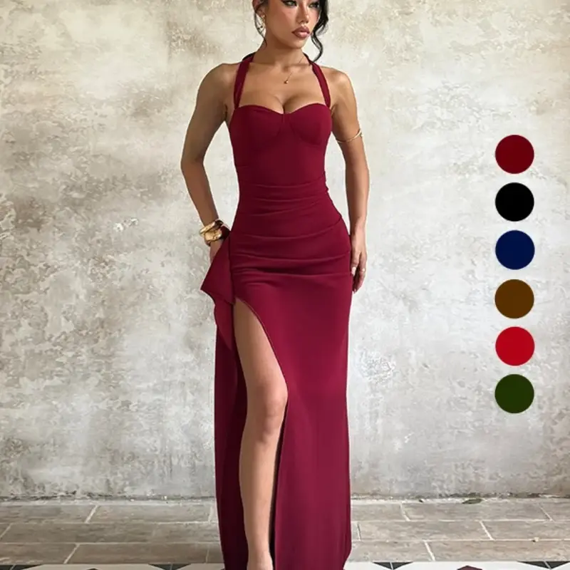 【Black Friday】Backless Halter Neck Plain Slim Fit Slit Dress, Sexy Style All Season Women's Clothing, Perfect for Casual & Daily Wear