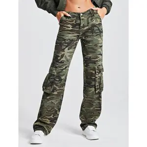 Women's Camo Print Pocket Cargo Pants, Casual Street Button Straight Leg Trousers for Daily Wear, Ladies Bottoms for All Seasons��gift�� Womenswear Camouflage