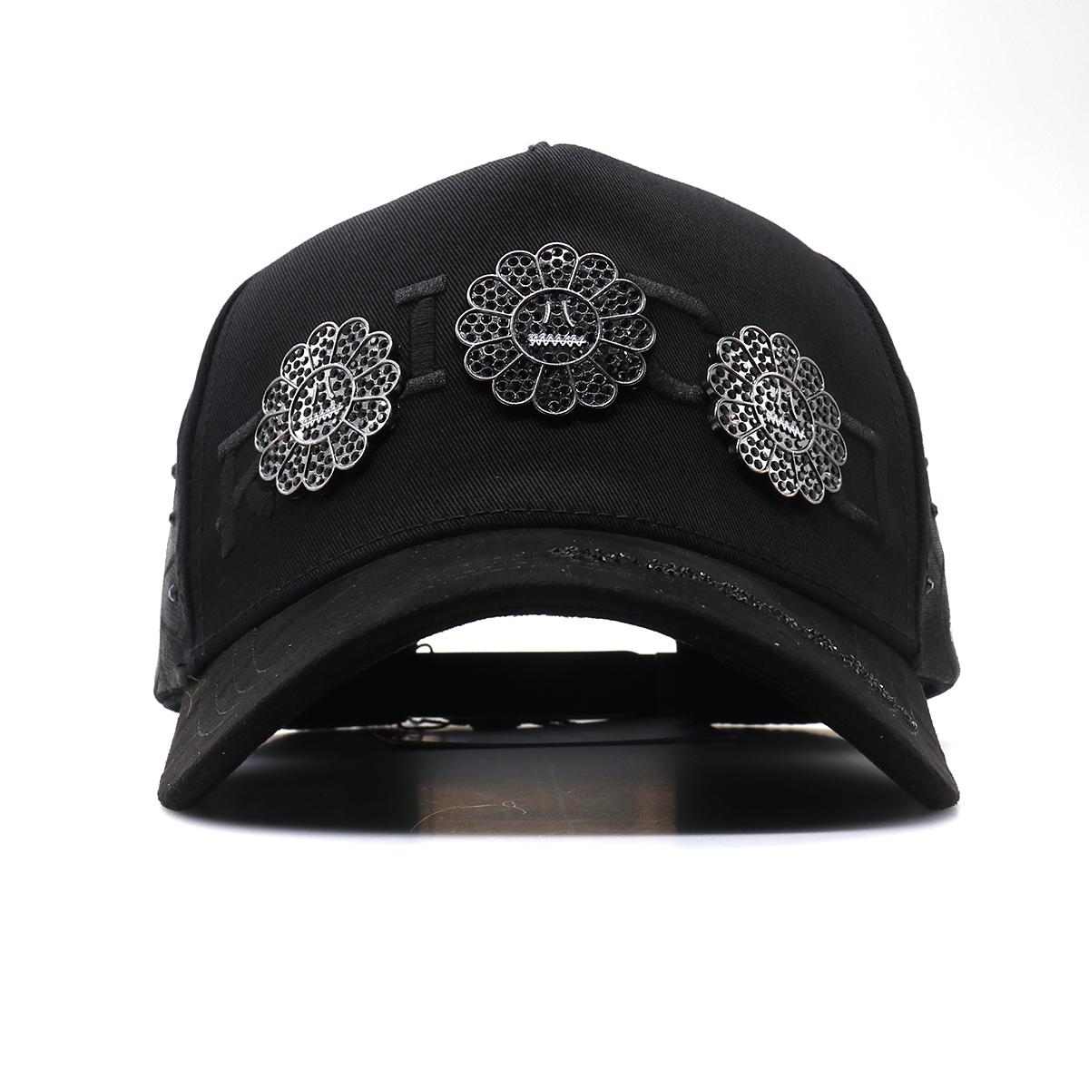 Gothic-Style "Smiley Flower" Streetwear Cap — Fully Embellished Rhinestone Hip-Hop Baseball Hat, Adjustable Black Suede-Brimmed "Dad Hat"