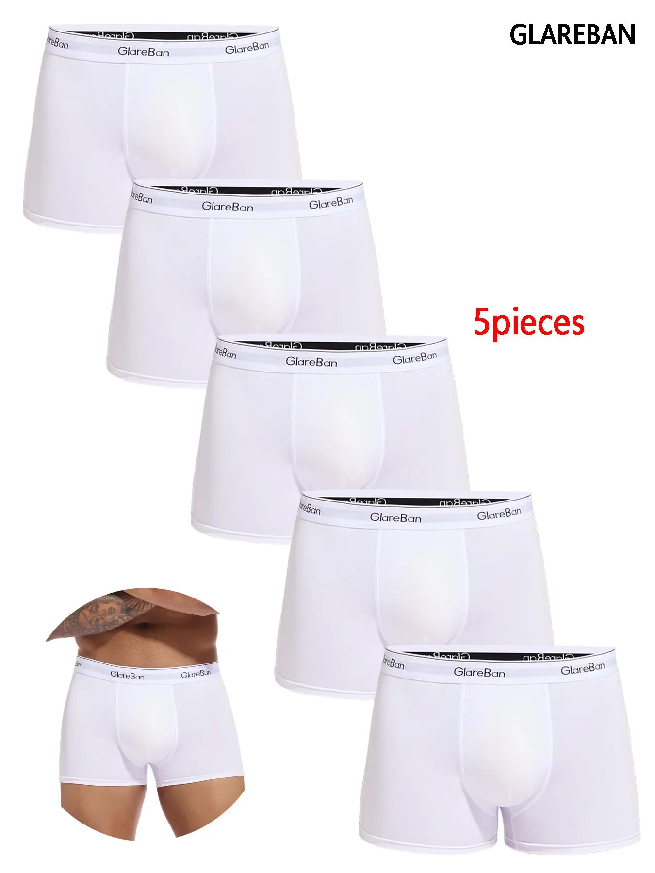 5pieces Pack Brand White Plain Casual Fitted Boxer Shorts Men Polyester Underwear All Seasons Breathable Male Underpants for Men Homme Boxershorts Slips Stretchy Boxer Briefs Casual Comfy Underwear Hight Quality