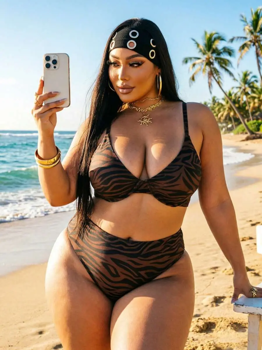Plus Size Zebra Print Bikini Set, Women's 2 Piece High Waisted Swimsuit with Twist Halter Underwire Top and High Stretch Fabric, Two Piece Set