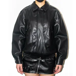 Black Faux Leather Oversized Jacket Vintage Style Fashion Daily Wear Unisex Outerwear