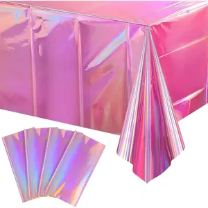 4 Pack Iridescent Pink Plastic Tablecloths Shiny Disposable Laser Rectangle Table Covers, Holographic Foil Tablecloth Iridescent Party Decorations for Kpop Birthday Wedding Xmas, 54x108Inch