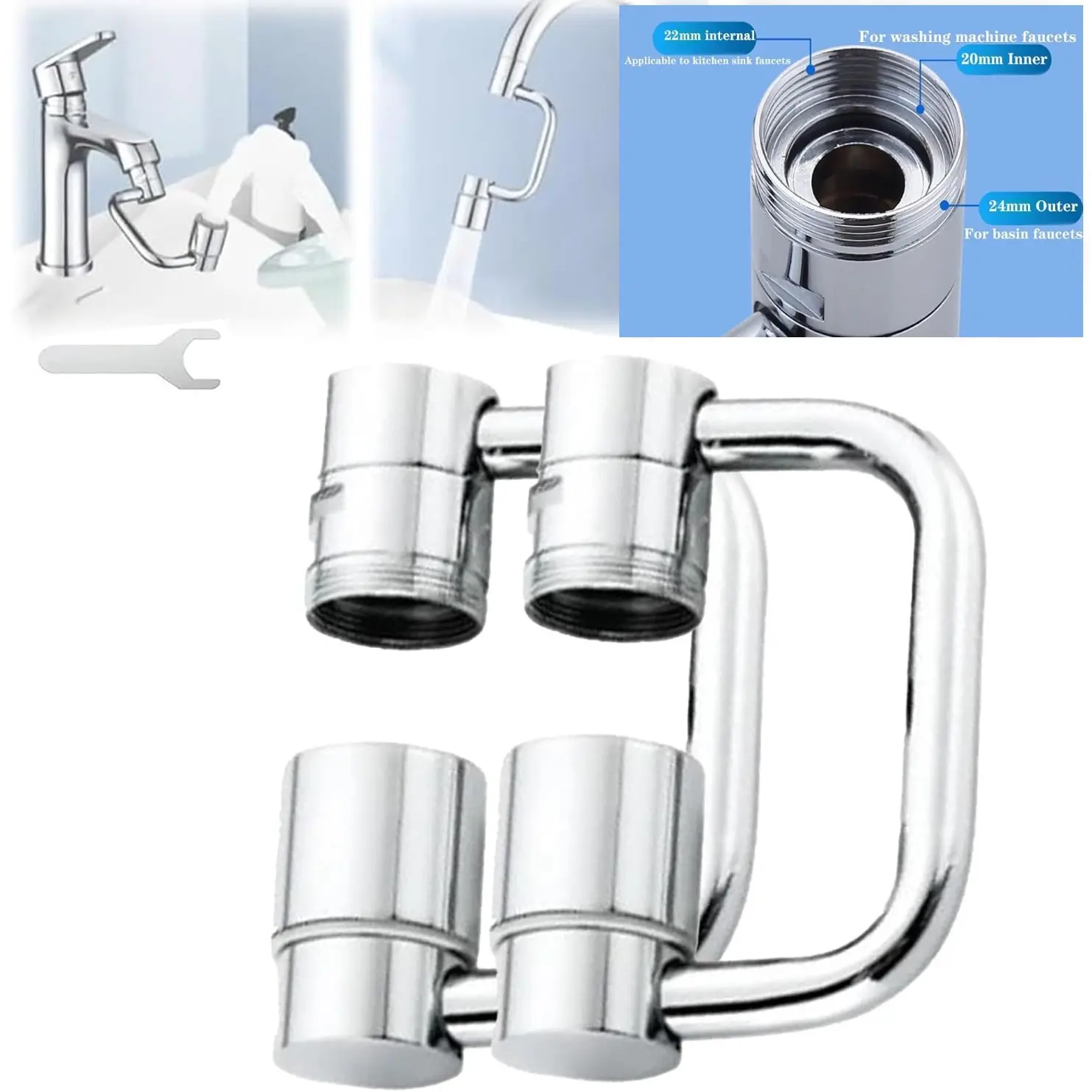 2pcs Rotatable Faucet Aerator, 1080° Rotating Faucet Extender, Universal Sink Faucet 1440 Rotatable Faucet Aerator Extension, U Shaped Faucet Extender, Swivel Faucet Adapter(Silver)
