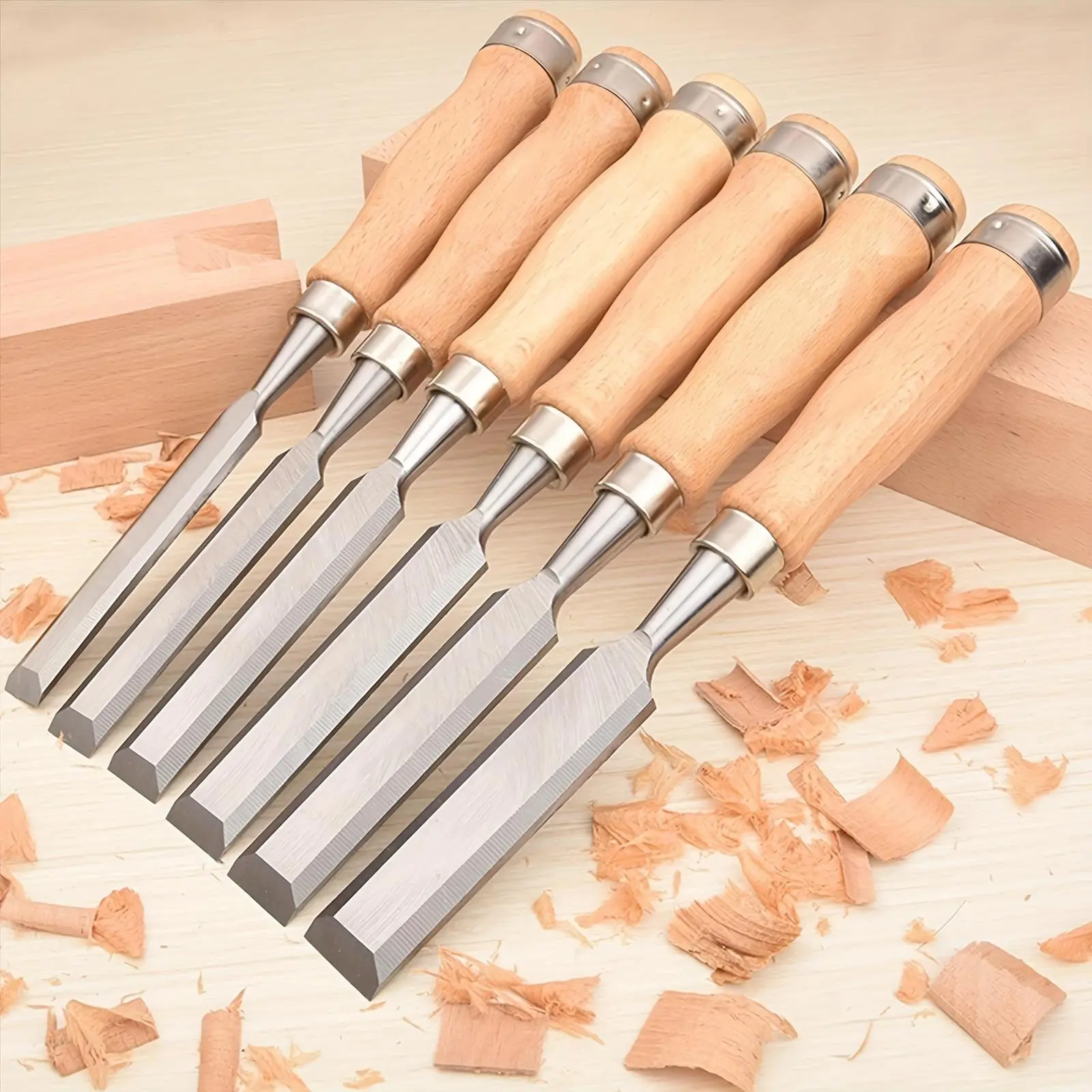NANWEI Six-piece Woodworking Chisel Set, 6-20mm Chrome Vanadium Steel Flat Carving Chisels with Wooden Handles Suitable for Carpentry Operations, Woodworking Tool And Accessorie, Woodworking Accessorie, Woodworking Tool Set, Woodworking Chisel,