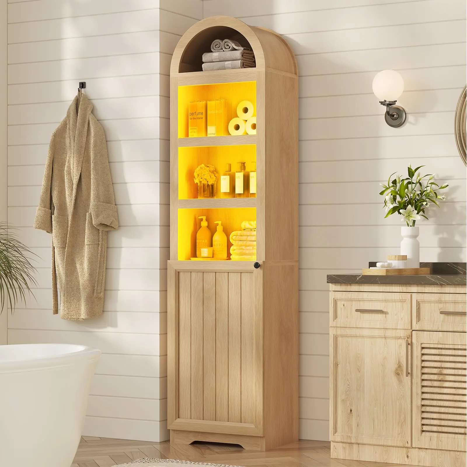 72" Tall Arched Narrow Bathroom Storage Cabinet with LED Lights, Slim Storage Cabinet with Adjustable Shelves, Space Saving 7 tier Organizer, Oak