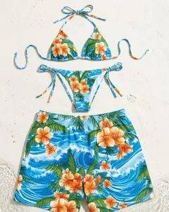 Blue Wave  Orange Hibiscus Bikini, Men’s Swim Trunks, Hawaiian Beach Outfit, Surfer Style Summer Vacation Matching Set Matching Couple Swimwear Set