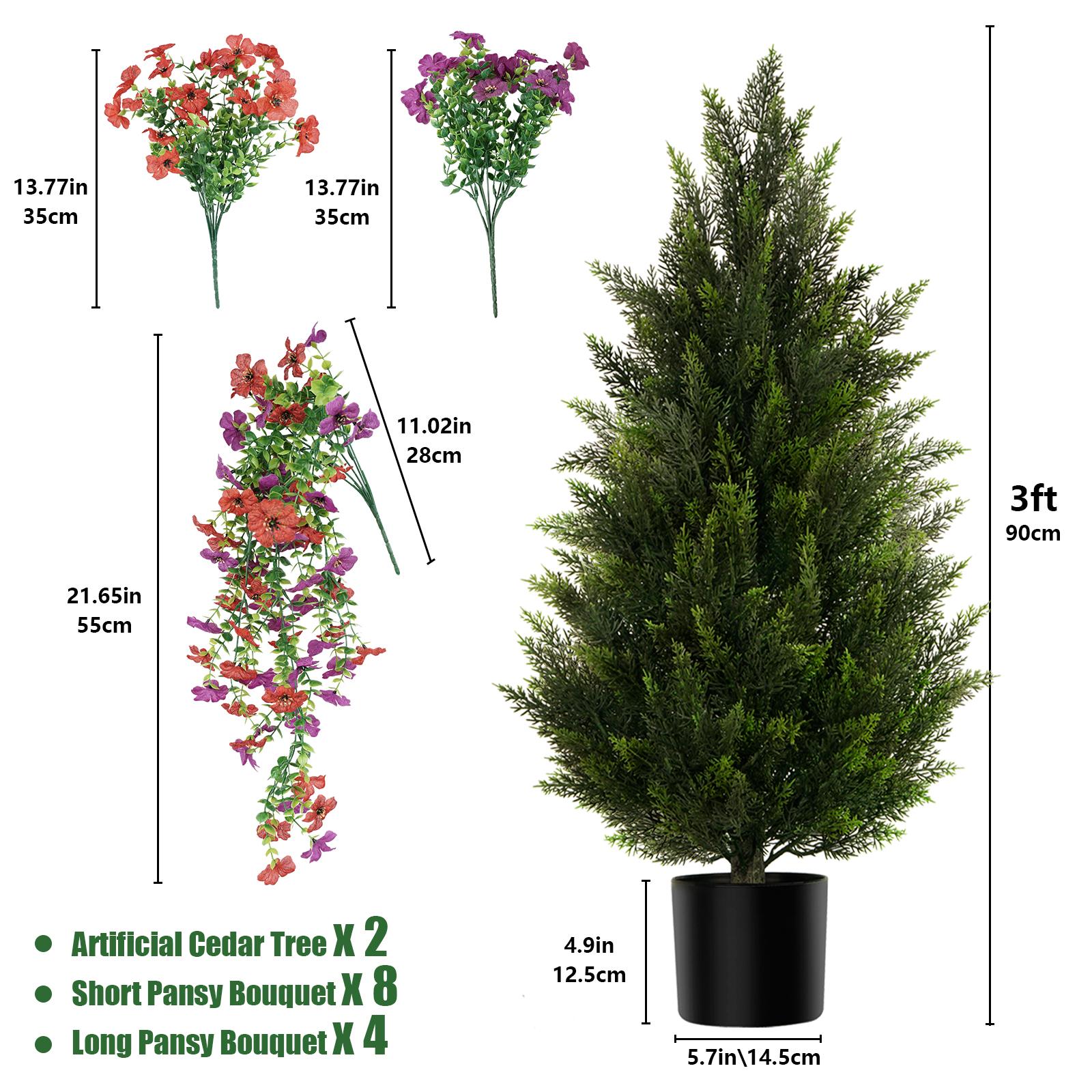 Set of 2 Artificial Cedar Topiary Trees (5/4/3 ft) — Includes Faux Flowers | Realistic Potted Plants for Indoor, Outdoor, and Porch Decor