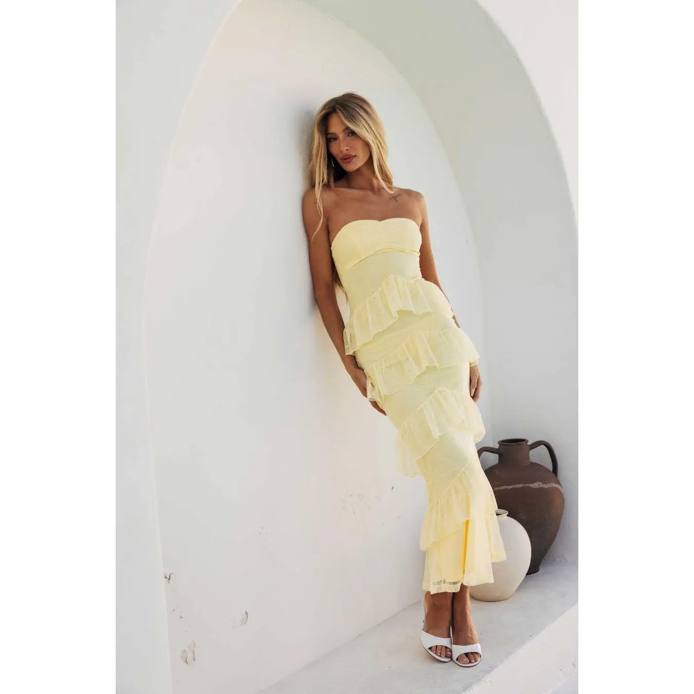 Women's Strapless Azaria Tiered Ruffle Maxi Dress, Maxi Length, Back Zipper, Tiered Ruffles Casual Dress