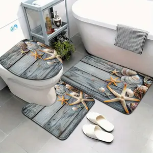 Starfish Shell Bathroom Mat Set, Wood Ocean Absorbent Non-Slip Three-Piece Toilet Lid U-Shaped Floor Rug Decor, Casual Style