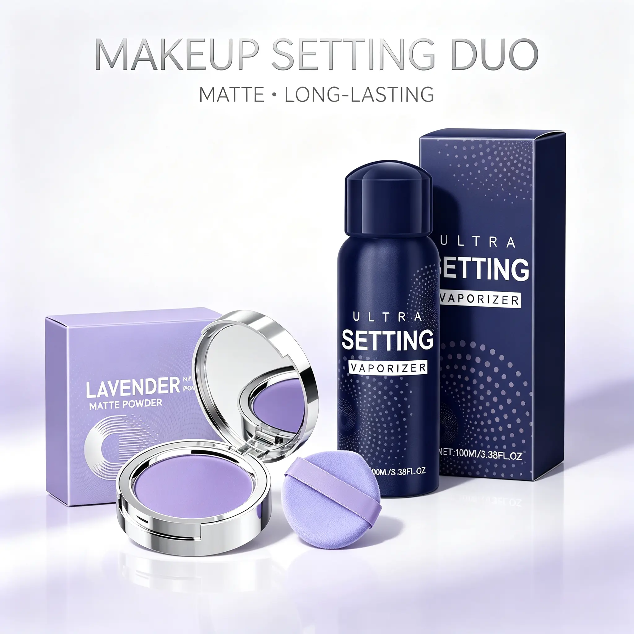 Cosmetic Daily Matte Makeup Setting Duo - 2-Piece Pressed Powder & Setting Spray Kit, Lightweight Smooth Oil-Control, Long-Lasting Waterproof Sweatproof