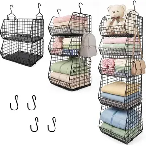 5 Tier Metal Hanging Closet Organizer with 2 Extra Tall Storage Baskets & 3 Standard Wire Baskets, Heavy Duty Foldable Closet Organizer with Protective Liners for Sweaters, Jeans, Handbags, Tower