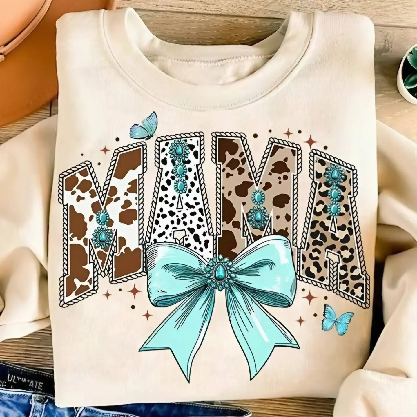 Western Mama Coquette Sweatshirt, Mama Coquette Bow, Coquette Western Sweatshirt, Mama Cow Howdy Fall Western Cowhide Turquoise Sweatshirt