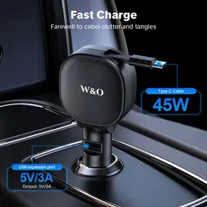 W&O USB-C Car Charger, 45W Max Ultra-Compact Type-C Fast Car Charger with Built-in Retractable Cable Car Adapter for iPhone 15/14 Series, Samsung S24/S23, MacBookPro/Air, iPad, and More
