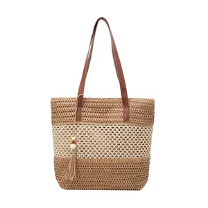 Boho‑Style Color‑Block Woven Straw Tote Bag For Women,  Casual Beach Vacation Handbag With Leather Shoulder Straps And Tassel Decor, , Lightweight Stylish Carryall Ideal For Seaside Trips Weekend Getaways Shopping Outdoor Activities And Everyday Occasions