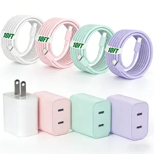 Dual port  USB-C charging head set, 20W + 20E Type-C wall charging, 20W fast charging adapter, with 3M USB-C durable data cable,  for iPhoneiPhone 17/Pro/Pro Max/17 Air/16/16 Pro/16 Pro Max/15/Plus/Pro/Pro Max, iPad, Samsung galaxy and other devices