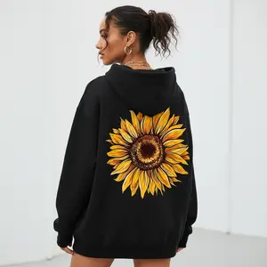 Women's sunflower print hoodie for women Graphic - Cotton Blend Black Long Sleeve Pullover Regular Fit | Soft & Breathable Fabric, Durable Print, Everyday Comfort, Machine Washable, casual and relaxed outdoor beach setting during sunset