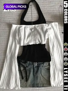 2PCS Fashion casual Fitted women's contrasting neck hanging solid color top two-piece set Womenswear Clothes