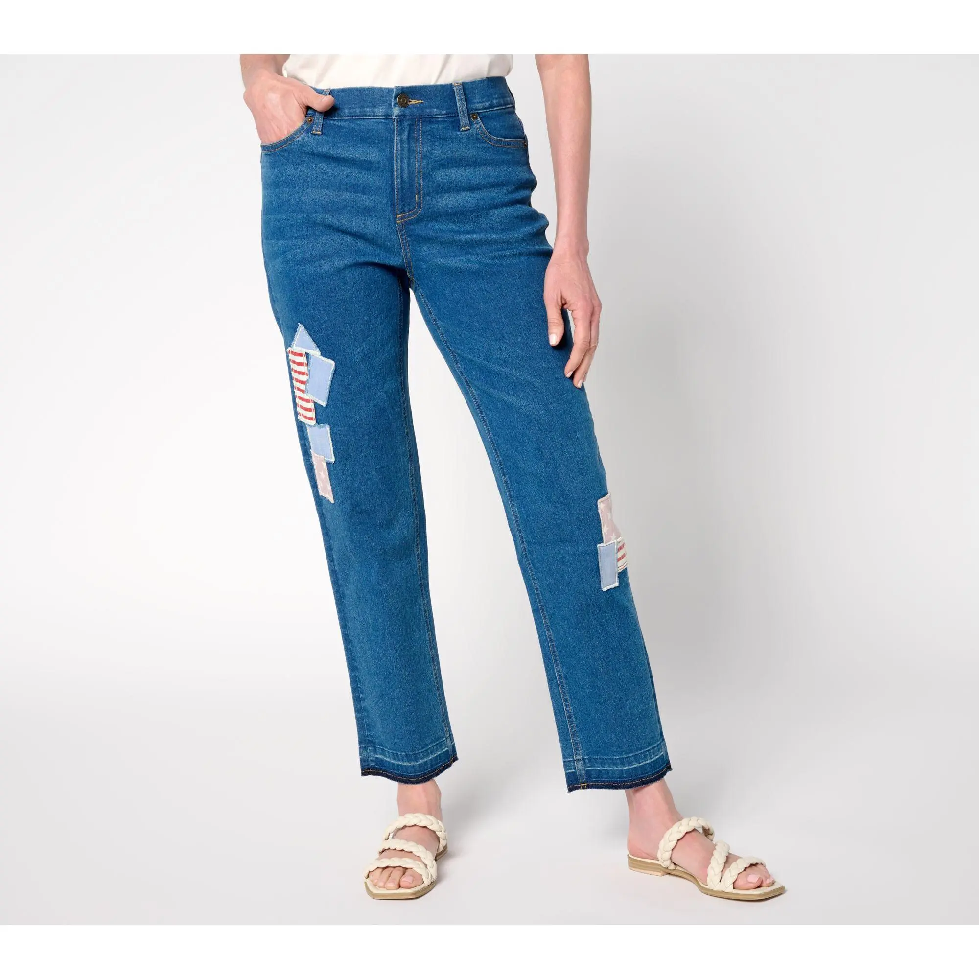 Denim & Co. Regular Americana Classic Stretch Patchwork Jeans Denim & Co. Regular Americana Classic Stretch Patchwork Jeans