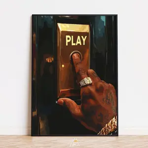 Play Button Wall Art UNFRAMED, Minimalist Music Artwork, Luxury Hip Hop Poster, Black Culture Art Print, Trendy Gaming Room Decor,