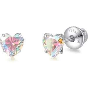 Heart Birthstone Screw Backs Earrings G23 Implant Grade Titanium Stud Earrings 20G  Cubic Zirconia Tragus   for  Ears