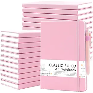24 Pack Journal Notebook Bulk for Work, Business Notebook Hardcover Lined Writing Journal with Pen Holder for Men Women Note Taking, with 24 Black Pens, 120 GSM, 5.1"x8.3", A5, Rose