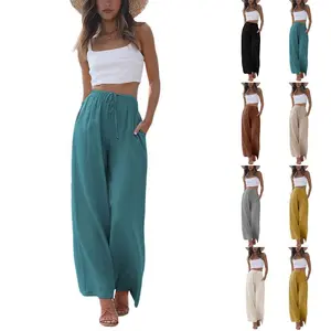 Women's Cotton Linen Summer Palazzo Pants Flowy Wide Leg Beach Trousers with Pockets