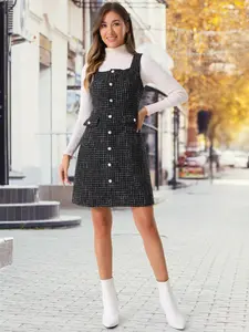 INSPIRE CHIC Tweed Sleeveless Square Neck Button Up A-Line Pinafore Overall Dress