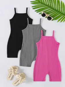 Baby Girls Plain Ribbed Strap Romper Set Three-Piece, Baby Girl Clothes, Sporty Outdoor Wear, Comfortable and Stylish, Perfect for Daily Use