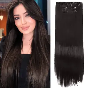 VOSILK Straight Hair Extensions Black Brown 6Pcs Clip in Hair Extensions Soft Extensions for Women 24 Inches Thick Hair Extensions Clip In
