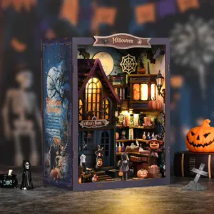 Halloween DIY Book Nook Kit,Miniature House Dollhouse Kit for Adult and Teens Book Nook Kits for Adults Booknook Bookend Alley Model Build with Dust Cover Wooden House Kit Adults[The Mlagical Night at the Castle]