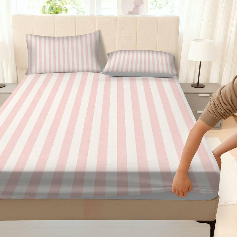 3Pcs Pink White Striped Fitted Sheet Three Piece Set (1*Fitted Sheet+2*Pillowcases, Coreless), Modern theme, Stripe Pattern Bedding Set, Mattress Protector Soft, Breathable