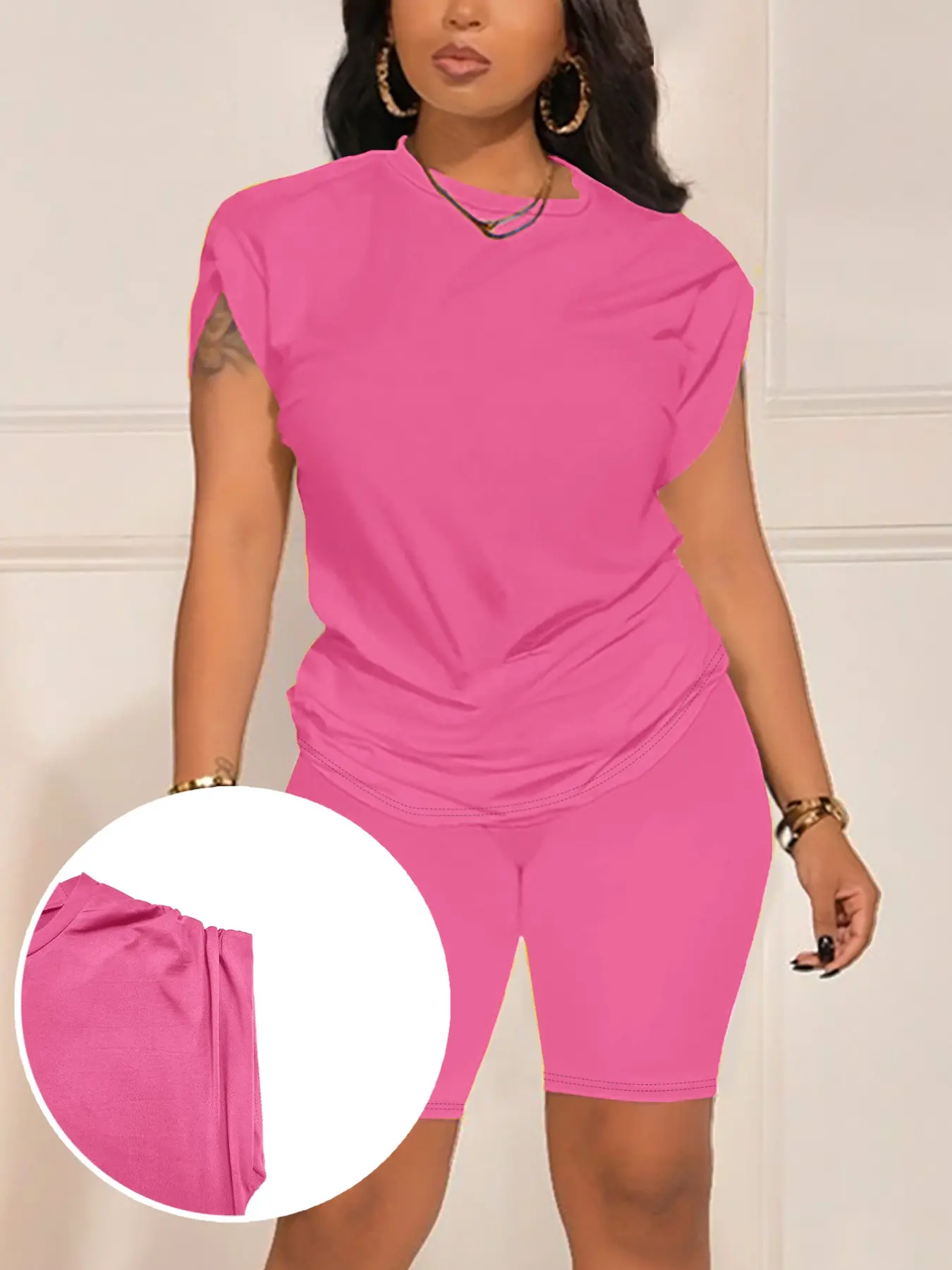 Women's Summer Casual Basic Two-Piece Set, Loose Short Sleeve T-Shirt + High Elastic Tight-Fit Cycling Shorts, Fashionable Streetwear Womenswear Clothes