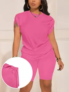 Women's Summer Casual Two-Piece Set, Loose Short Sleeve T-Shirt + High Elastic Tight-Fit Cycling Shorts, Fashionable Streetwear