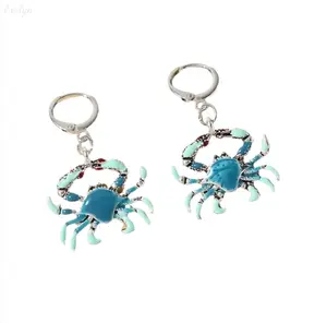 Enamel Crab Drop Earrings, Ocean Themed Dangle Hoops, Blue Turquoise Crab Charm Earrings for Summer & Beach Style
