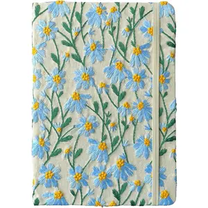 A5 Notebook, Flower Journal, Embroidered Notebook, 8"x6", Hardcover, Lay Flat, Lined, Wide Ruled Paper, Personalized Notebook, Pretty Journal, Daisy Gifts for Women, Blue, with Elastic Band