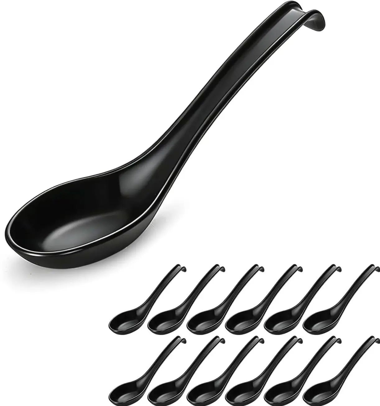 Asian Soup Spoons 12pcs, Plastic Chinese Won Ton Soup Spoon For Soba, Pho, Noodle, Japanese Ramen, Chinese and Vietnamese Wonton, Korean Style Large Spoon with Long Handle