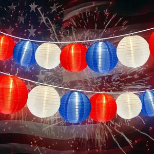 4th of July Decorations Lights, 25Ft G40LED Red White and Blue Lantern String Lights with 10 Lantern Lights, Plug in Patriotic Lantern Lights for Indoor Independence Day Party Memorial Day