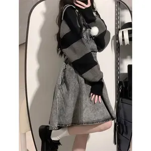 2025 Vintage Autumn Fashion Black Striped Pullovers Women Knitted Oversized Hooded Sweaters Y2k Aesthetic Loose Grunge Jumpers