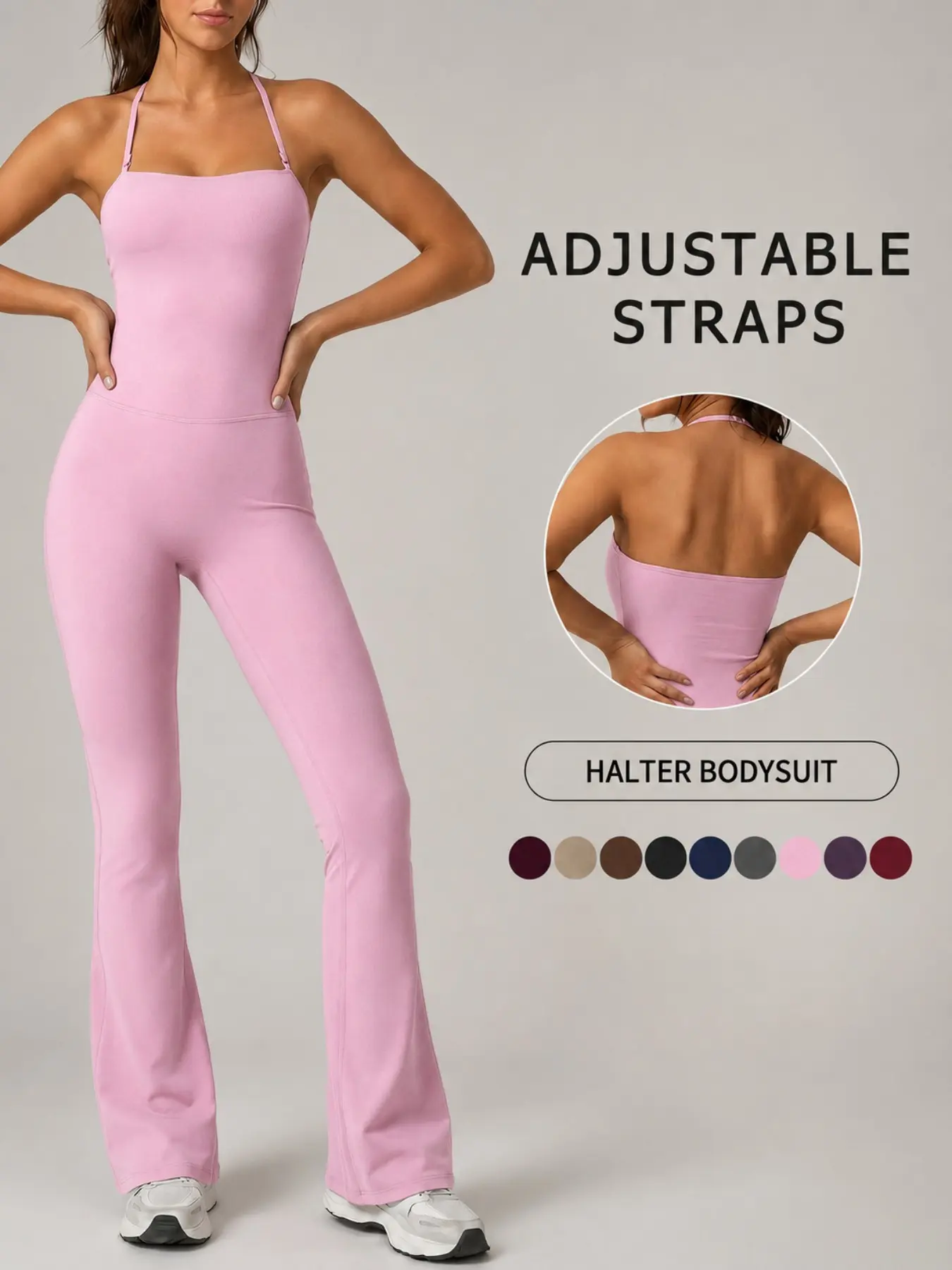 Women's Sports Bodysuit Solid Color Halter Neck Adjustable Straps Comfortable Breathable High Waist Wide Leg Four Way Stretch Shaping Yoga Wear Gym Training Outdoor Sports Moisture Wicking Daily Casual Jumpsuit, Activewear Jumpsuit