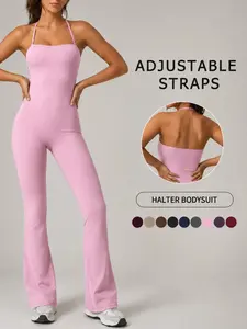 Women's Sports Bodysuit Solid Color Halter Neck Adjustable Straps One Piece Outfit Buttery Soft Comfortable Breathable High Waist Wide Leg Four Way Stretch Shaping Yoga Wear Gym Training Outdoor Sports Moisture Wicking Daily Casual Versatile Jumpsuit